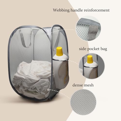 FOAYACCY The upgraded pop-up laundry basket features a breathable side pocket mesh design, making it ideal for rooms, apartments, dormitories, travel, business trips, and children's storage(1, Gray) - Image 3