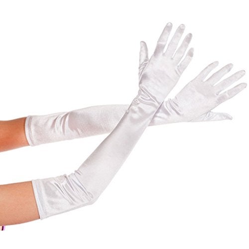 DreamHigh Womens 22 inches Finger Mittens Over Elbow Long Black/White Evening Gloves-White - Image 2