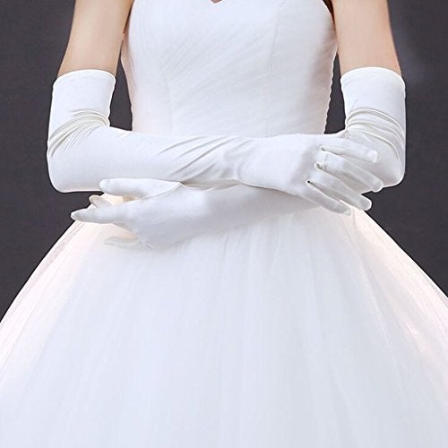 DreamHigh Womens 22 inches Finger Mittens Over Elbow Long Black/White Evening Gloves-White - Image 4