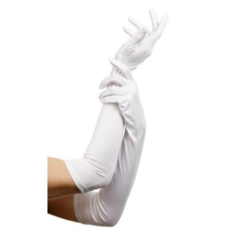 DreamHigh Womens 22 inches Finger Mittens Over Elbow Long Black/White Evening Gloves-White - Image 5