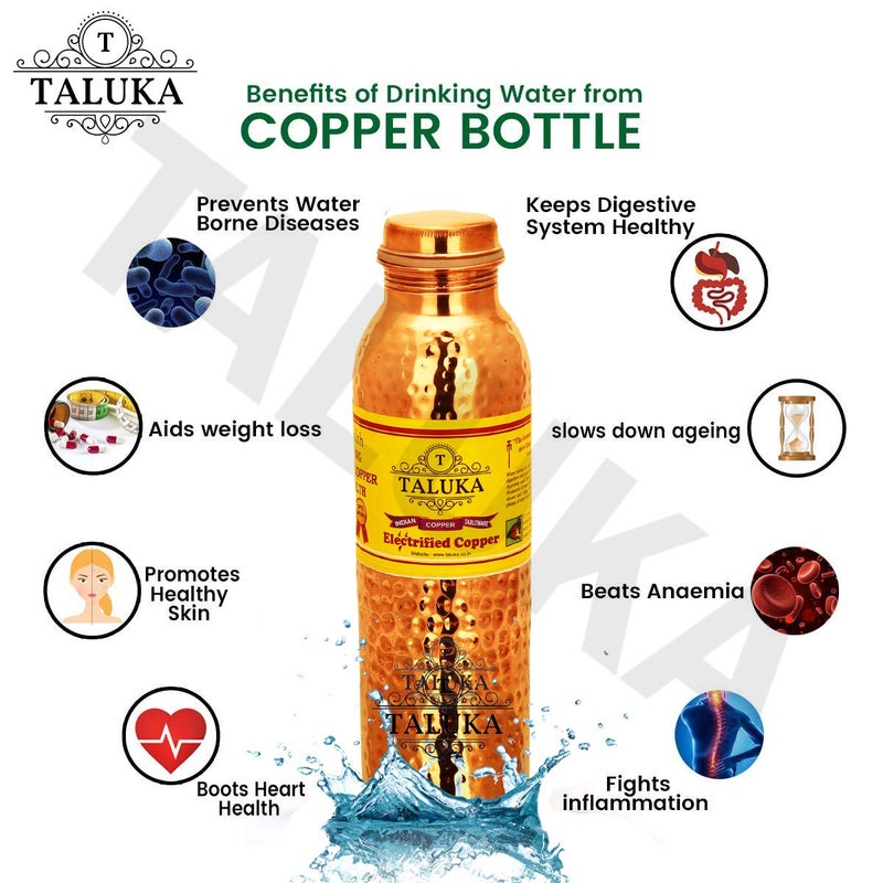 Taluka Copper Hammered Water Bottle Leak Proof Joint Free Storage Water Benefit Yoga Volume 1000 ML 25 X 10 Inch Set of 2 - Image 5
