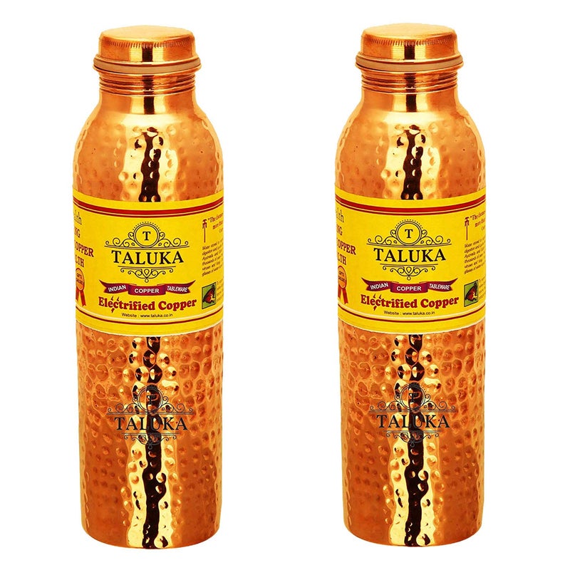 Taluka Copper Hammered Water Bottle Leak Proof Joint Free Storage Water Benefit Yoga Volume 1000 ML 25 X 10 Inch Set of 2 - Image 1