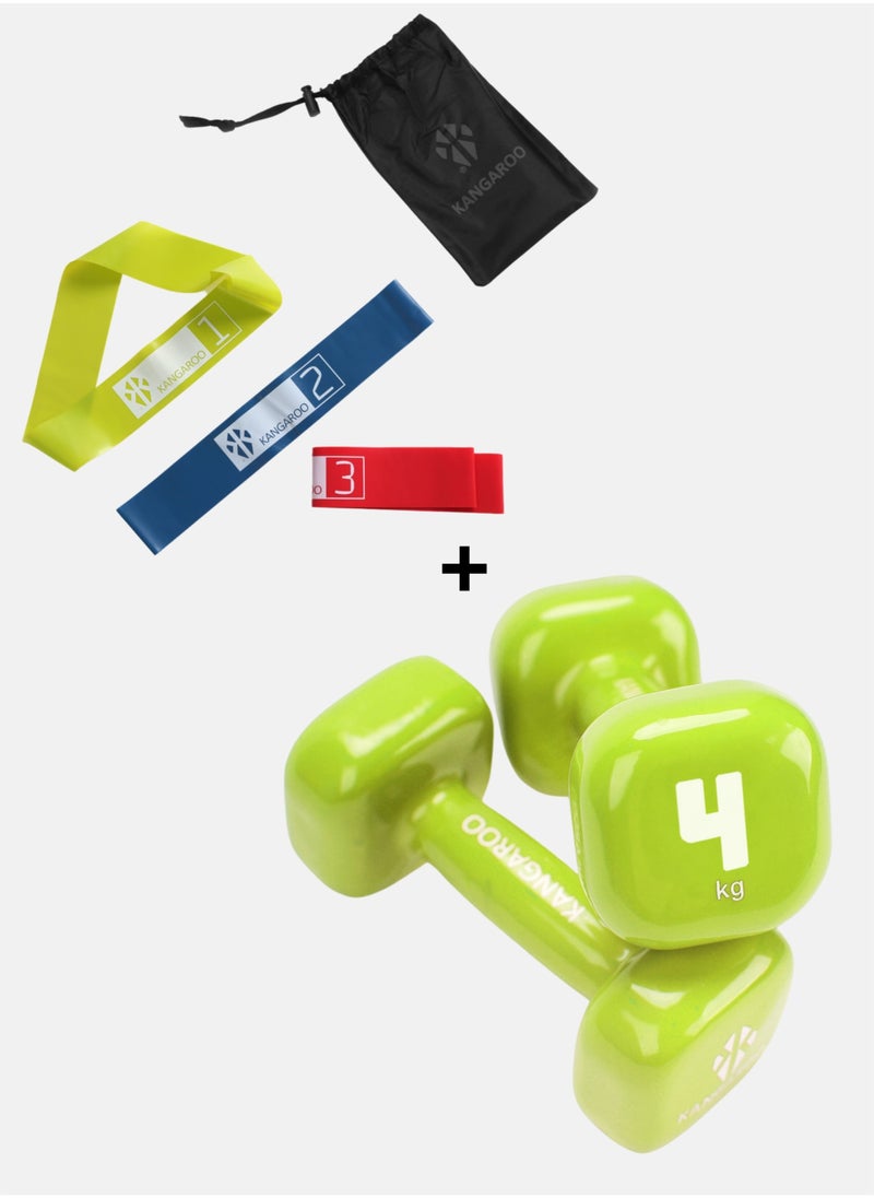 KANGAROO A set of two-piece dumbbells - 4 kg and 4 kg with a 3-level rubber resistance band 