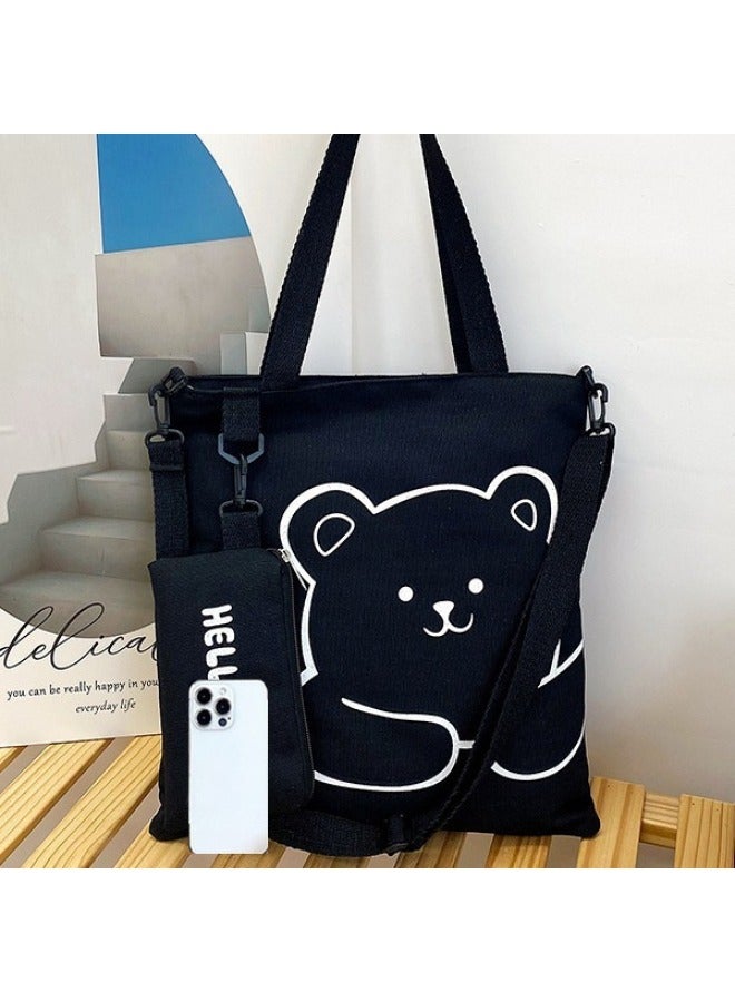 Fashion Canvas With Pencil Bag Canvas Arrival Shoulder Crossbody Bag Student Mic Bag All-match Women's Bag-Color:Black  - Image 2