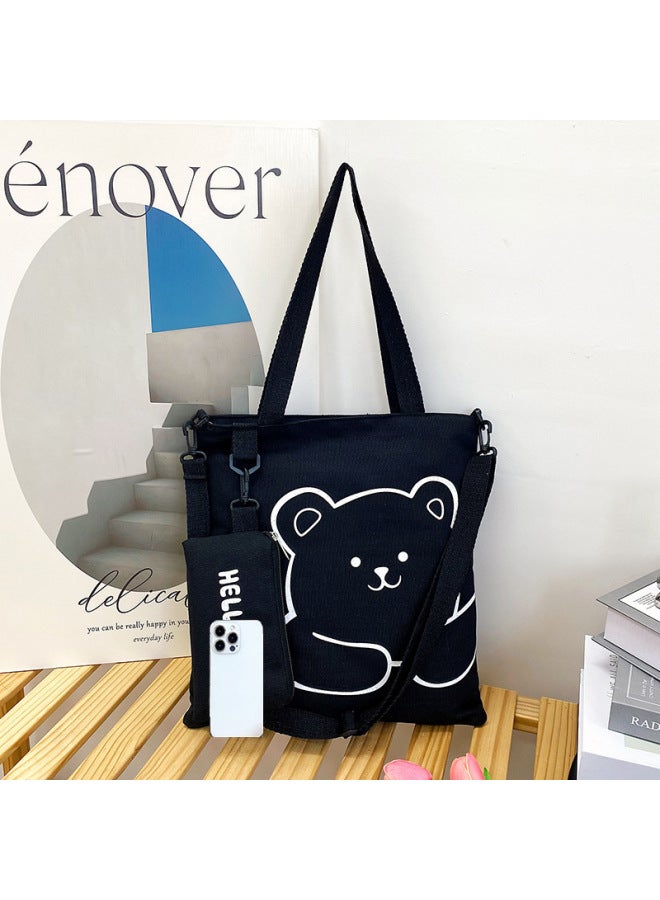 Fashion Canvas With Pencil Bag Canvas Arrival Shoulder Crossbody Bag Student Mic Bag All-match Women's Bag-Color:Black  - Image 1