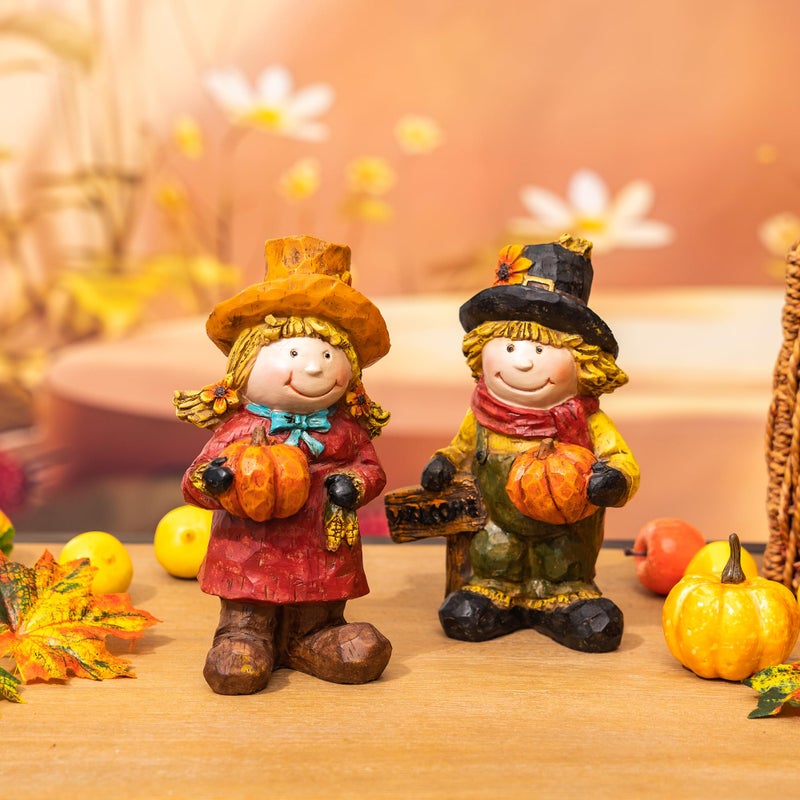 TZSSP Autumn People Dolls Resin Figurine 2PCSResin Fall Pumpkins Decorations for Harvest Festivals Parties