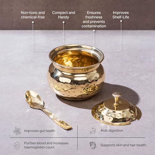 P-TAL 250 ml Brass Ghee Pot with Spoon and Lid, Oil Storage Jar for Kitchen - Image 3