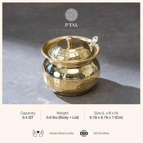 P-TAL 250 ml Brass Ghee Pot with Spoon and Lid, Oil Storage Jar for Kitchen - Image 2