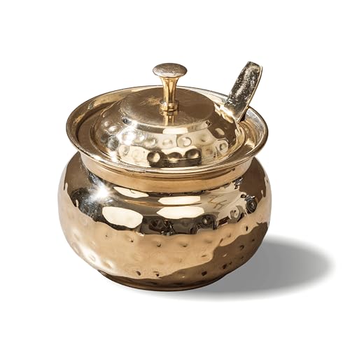 P-TAL 250 ml Brass Ghee Pot with Spoon and Lid, Oil Storage Jar for Kitchen - Image 1