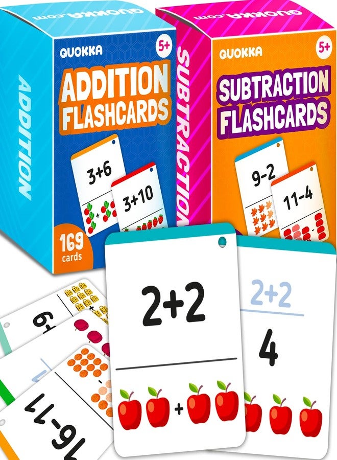 QUOKKA Addition & Subtraction Flash Cards Set for Kids Ages 4-8 - 338 Jumbo Math Flash Cards with Visual Aids, Sorting Rings & Reference Cards - Math Games for Kids 1st to 3rd Grade Classroom & Home - Image 1