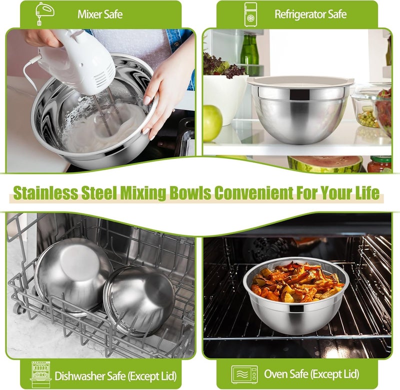 P&P CHEF Mixing Bowls with Khaki Lids, Set of 3, Stainless Steel Salad Bowl for Mixing, Storing & Prepping, Airtight & Stackable, Size 4.6/3/ 1.5 QT - Image 4