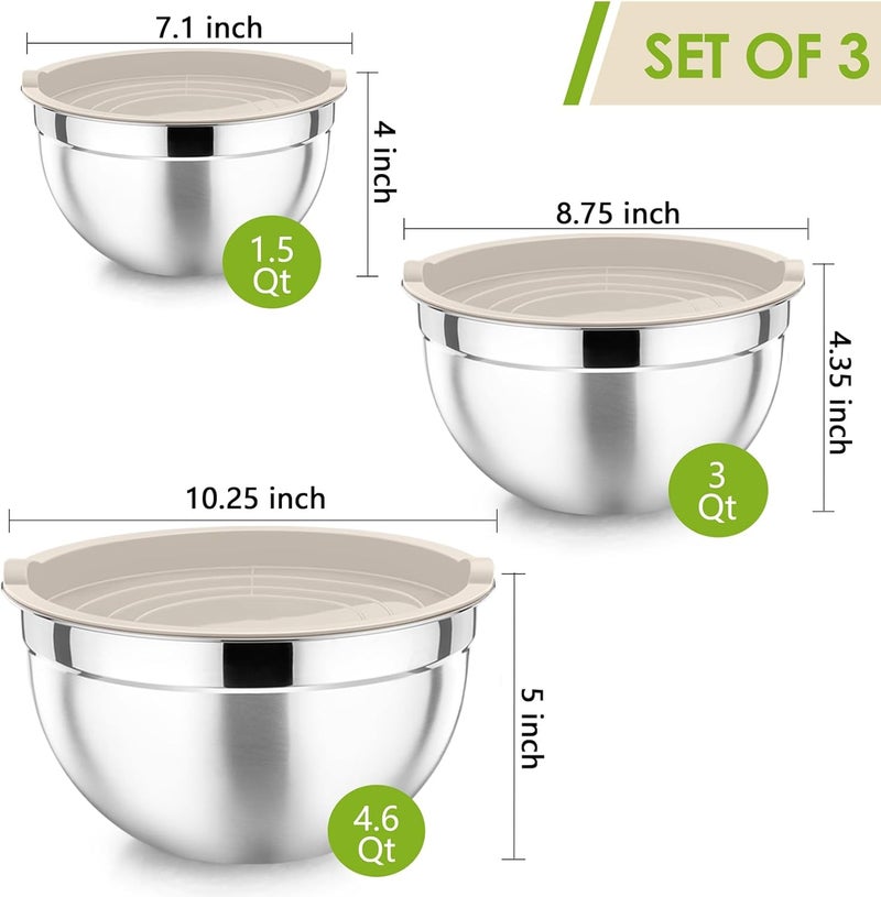 P&P CHEF Mixing Bowls with Khaki Lids, Set of 3, Stainless Steel Salad Bowl for Mixing, Storing & Prepping, Airtight & Stackable, Size 4.6/3/ 1.5 QT - Image 2