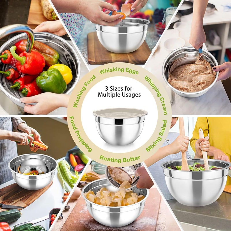 P&P CHEF Mixing Bowls with Khaki Lids, Set of 3, Stainless Steel Salad Bowl for Mixing, Storing & Prepping, Airtight & Stackable, Size 4.6/3/ 1.5 QT - Image 5