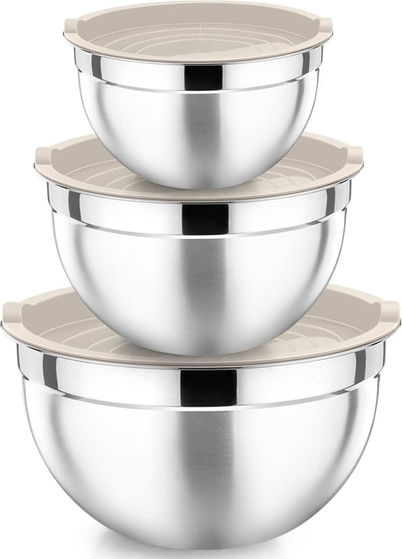 P&P CHEF Mixing Bowls with Khaki Lids, Set of 3, Stainless Steel Salad Bowl for Mixing, Storing & Prepping, Airtight & Stackable, Size 4.6/3/ 1.5 QT - Image 1