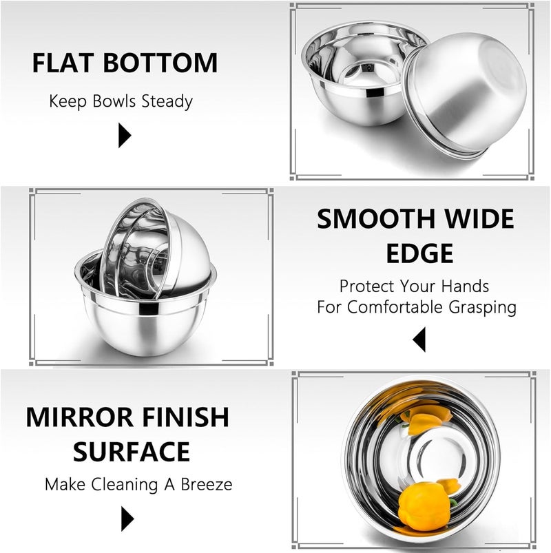 P&P CHEF Mixing Bowls with Khaki Lids, Set of 3, Stainless Steel Salad Bowl for Mixing, Storing & Prepping, Airtight & Stackable, Size 4.6/3/ 1.5 QT - Image 3