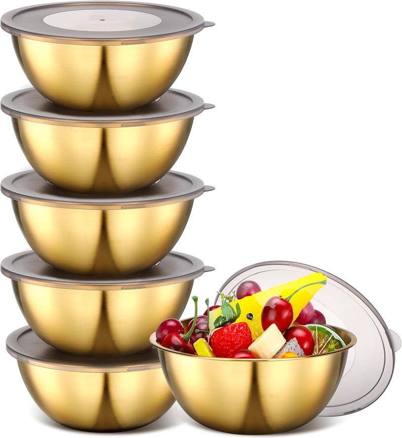 Nuogo 6 Pack 6.69 Inches Gold Stainless Steel Mixing Bowls with Airtight Lids Stackable Metal Serving Esthetician Facial Bowls for Salad, Fruit, Soup & Kitchen Prep - Image 1