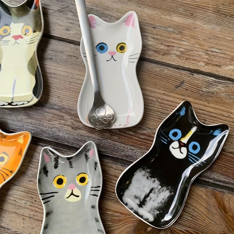 ملعقتان حامل أكواب قهوة من السيراميك على شكل قطط مع طبق صغير وحامل ملعقة كيتي لطيف، هدية لمحبي القطط الصغيرة - Image 5