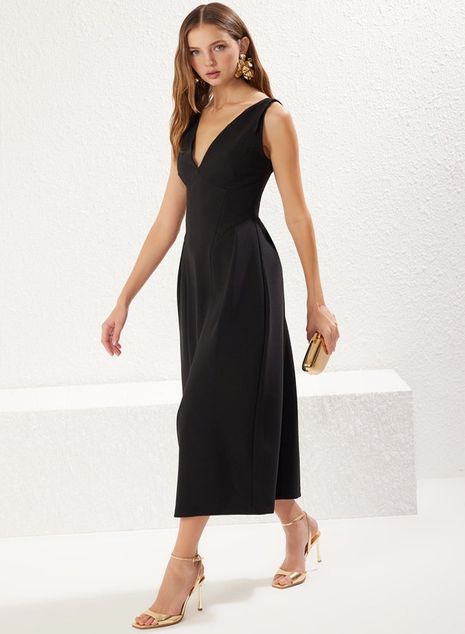 trendyol Black A-Line V-Neck Woven Elegant Evening Prom Dress - Image 1