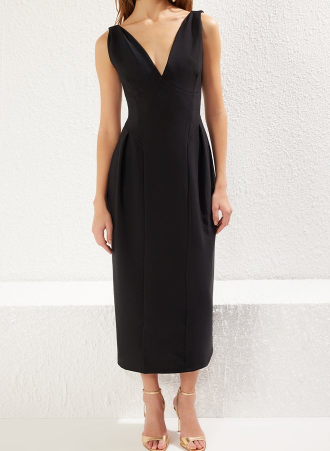 trendyol Black A-Line V-Neck Woven Elegant Evening Prom Dress - Image 3