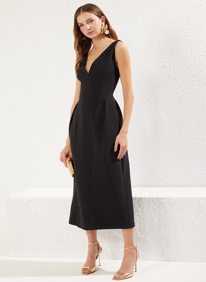 trendyol Black A-Line V-Neck Woven Elegant Evening Prom Dress - Image 2