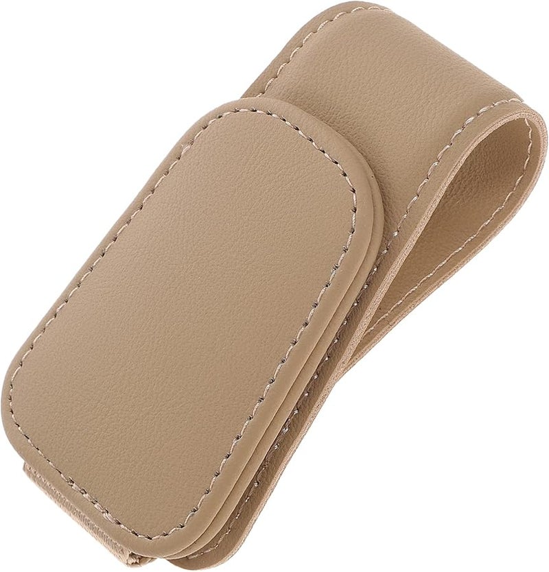 Beige Car Sunglasses Holder Clip Leather Visor Glasses Case Ticket Card Storage For Safe Driving - Image 1