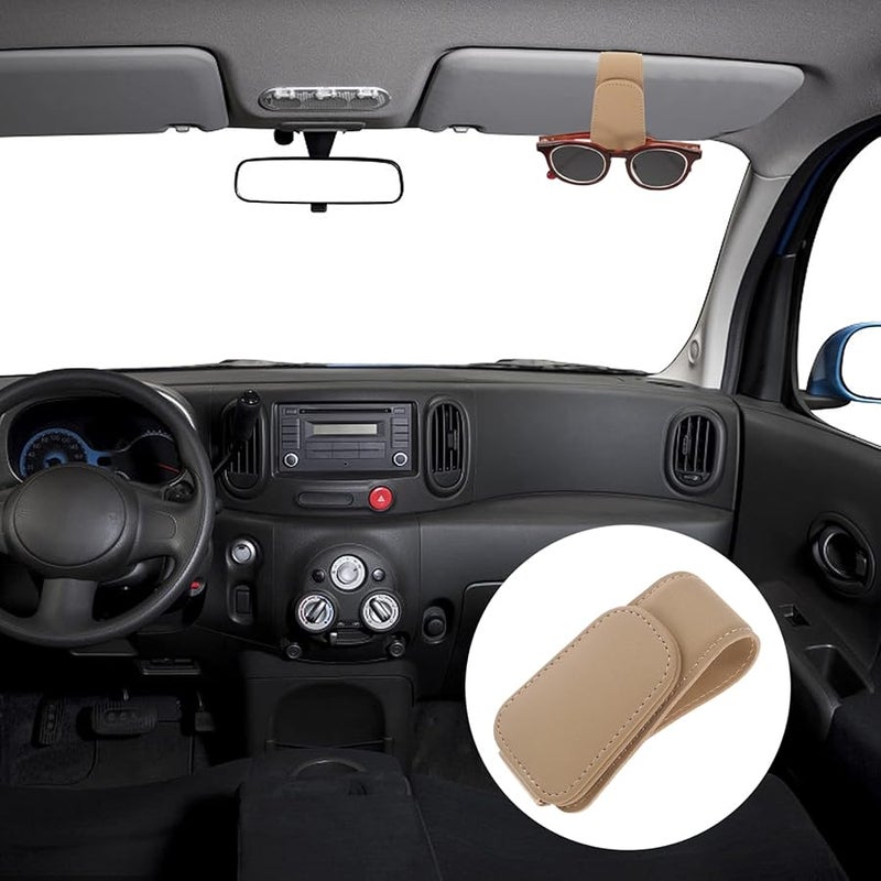 Beige Car Sunglasses Holder Clip Leather Visor Glasses Case Ticket Card Storage For Safe Driving - Image 4