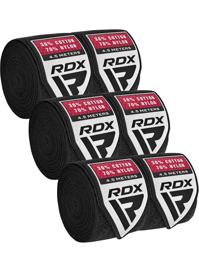 RDX Boxing Hand Wraps Inner Gloves, 4.5m Elasticated Thumb Loop Bandages, Men Women Under Mitts Straps Wrist Protection, Muay Thai MMA Kickboxing Martial Arts, Speed Bag Punching Training |Black/Black (HWC-BBB+) - Image 1
