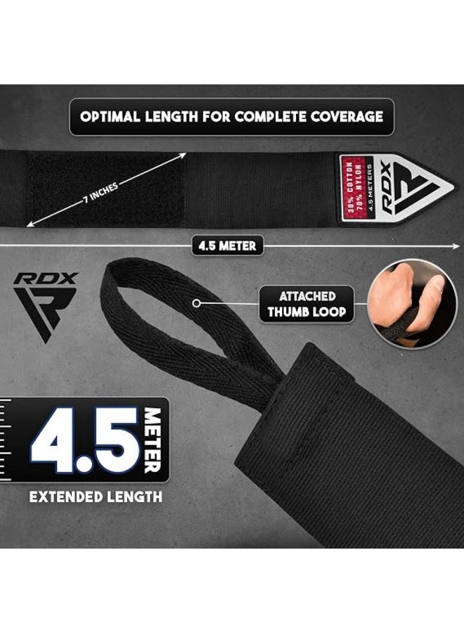 RDX Boxing Hand Wraps Inner Gloves, 4.5m Elasticated Thumb Loop Bandages, Men Women Under Mitts Straps Wrist Protection, Muay Thai MMA Kickboxing Martial Arts, Speed Bag Punching Training |Black/Black (HWC-BBB+) - Image 4