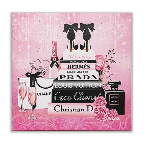Bkyedsa Pink Wall Art Fashion Book Floral High Heels Pictures Wall Decor, 12x12 Inch Trendy Canvas Painting for Girls Women Room Bathroom Decor - Image 1