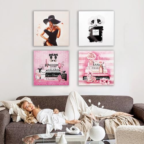 Bkyedsa Pink Wall Art Fashion Book Floral High Heels Pictures Wall Decor, 12x12 Inch Trendy Canvas Painting for Girls Women Room Bathroom Decor - Image 3