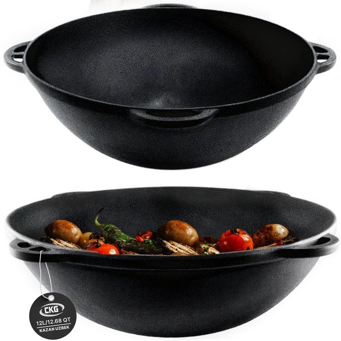 KAZAN UZBEK CAST IRON KAZAN FOR PLOV MAKING COOKWARE INSULATED DOUBLE HANDLE PAN WIDE MOUTH CAST IRON DUTCH OVEN OUTDOOR COOKING FRYING POT LODGE CAST IRON SKILLET 8 L