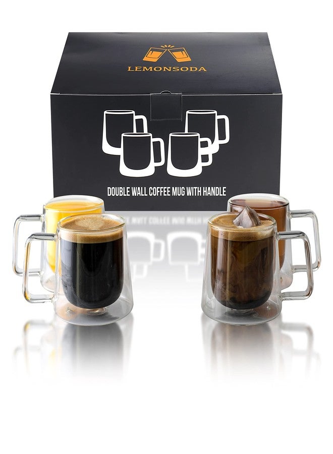 LEMONSODA أكواب ليمون صودا الزجاجية مزدوجة الجدران مع مقبض - طقم من 4 أكواب (250 مل / 8.5 أونصة سائلة) معزولة حراريًا للشاي والقهوة واللاتيه والكابتشينو والقهوة والحليب - هدايا منزلية - Image 2