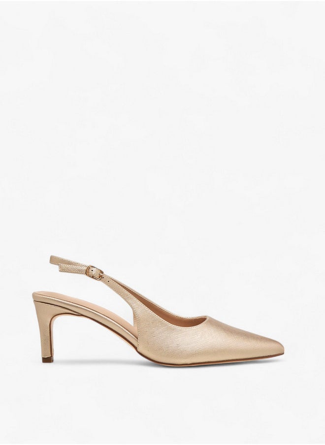 Flora Bella By Shoexpress Textured Pointed-Toe Slingback Shoes with Flared Heels  - Image 3