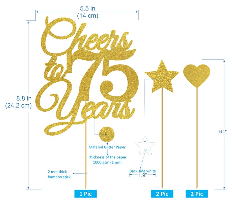 SVM CRAFT® Cheers to 75 Years Banner and Cake Topper, Glitter Happy 75th Birthday Party Decorations, Hello 75, 75th Anniversary - Image 3