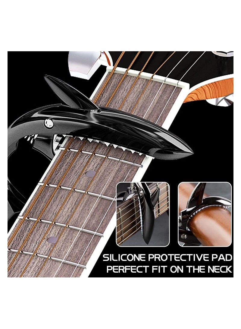 ميغاريا كابو للجيتار ، كابو جيتار القرش ، ملحقات جيتار كابو + 3 قطع جيتار Plectrums + أوتار فولاذية فاخرة في مجموعة 6 أوتار ، لجميع الجيتار المكون من 6 أوتار ، جيتار أكوستيك ، مادة سبائك - Image 3