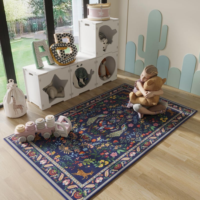 Rugcomf 3x5 Rug Washable Area Rug Floral Office Rug Non Slip Small Carpet for Bedroom, Bedside, Kitchen, Entryway, Kids Room, Office(Blue) - Image 1