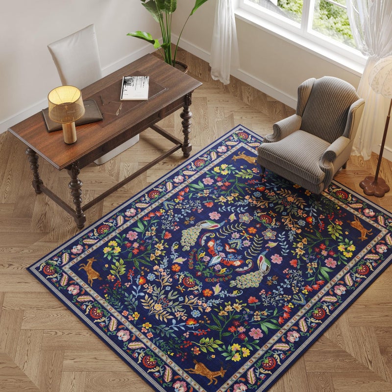 Rugcomf 3x5 Rug Washable Area Rug Floral Office Rug Non Slip Small Carpet for Bedroom, Bedside, Kitchen, Entryway, Kids Room, Office(Blue) - Image 3