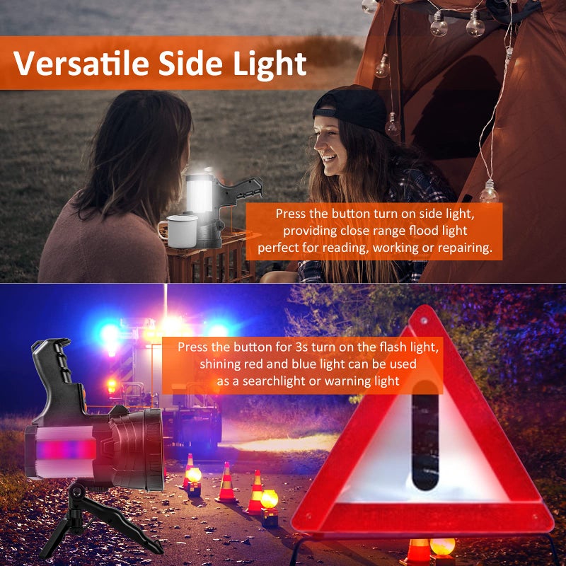 Samyoung Spotlight 120000 Lumen Super Bright, 10000 mAh 30 Hours LED Rechargeable Flashlights, IP65 Waterproof Rechargeable Spotlight Come with Collapsible Tripod & Strip for Hunting Boat Camping - Image 4