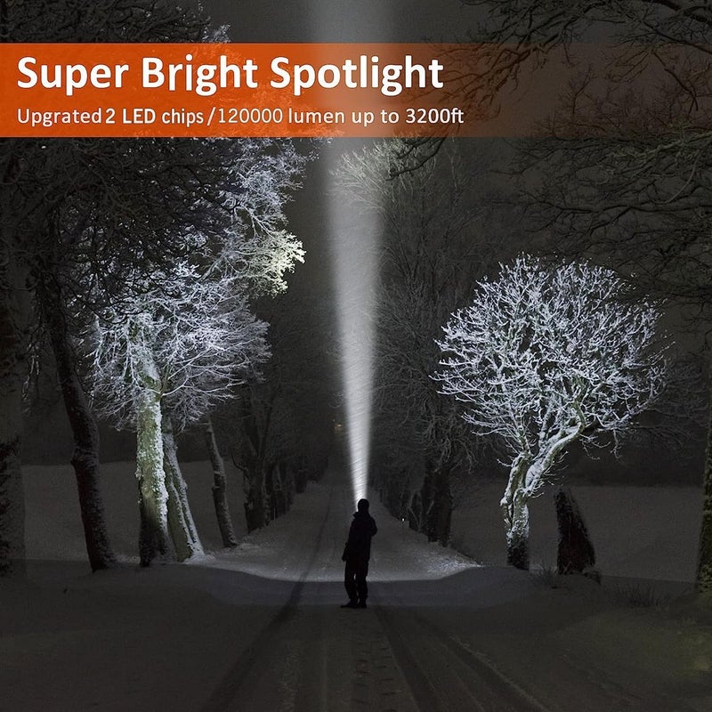 Samyoung Spotlight 120000 Lumen Super Bright, 10000 mAh 30 Hours LED Rechargeable Flashlights, IP65 Waterproof Rechargeable Spotlight Come with Collapsible Tripod & Strip for Hunting Boat Camping - Image 3