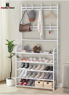 RollsTimi  Entryway Shoe Rack with Coat Rack 5 Tier Shoe Stand Organizer for Bedroom Dorm, White  - Image 1