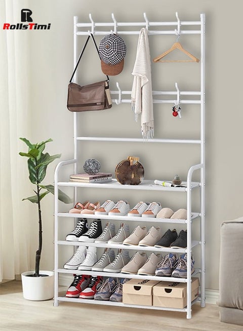 Entryway Shoe Rack with Coat Rack 5 Tier Shoe Stand Organizer for Bedroom Dorm, White