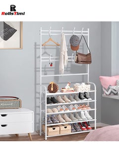 RollsTimi  Entryway Shoe Rack with Coat Rack 5 Tier Shoe Stand Organizer for Bedroom Dorm, White  - Image 4