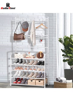RollsTimi  Entryway Shoe Rack with Coat Rack 5 Tier Shoe Stand Organizer for Bedroom Dorm, White  - Image 5