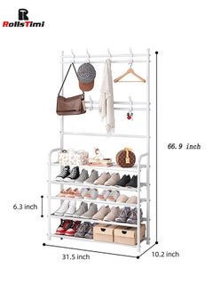 RollsTimi  Entryway Shoe Rack with Coat Rack 5 Tier Shoe Stand Organizer for Bedroom Dorm, White  - Image 2