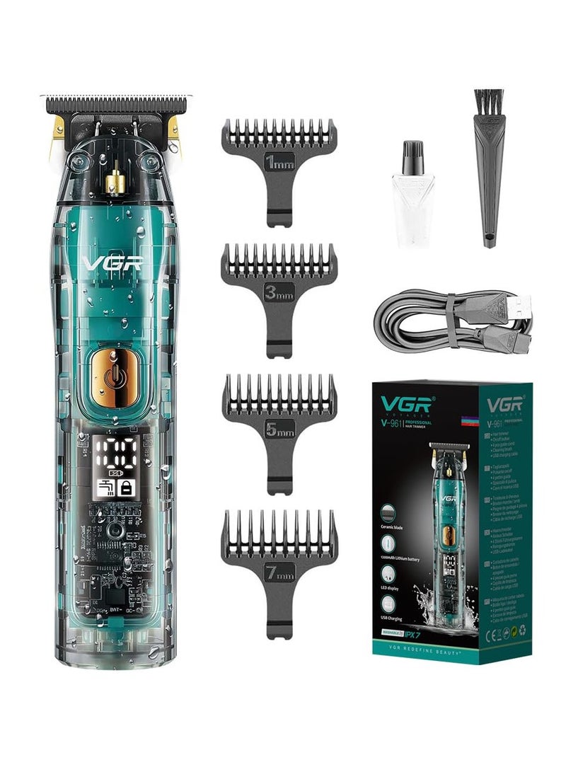 V-961 Professional Rechargeable New Transparent Design with Digital Display Cordless Beard Hair Trimmer Kit with Guide Combs Brush USB Cord for Men Li-ion Battery 1200mAh 180 minutes Runtime