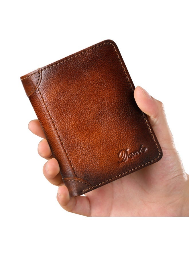 Dante Men's Genuine Leather RFID Anti-theft Brush Vertical Three-sided Retro First-layer Cowhide Wallet Yellow Brown (Anti-theft Brush) - Image 1