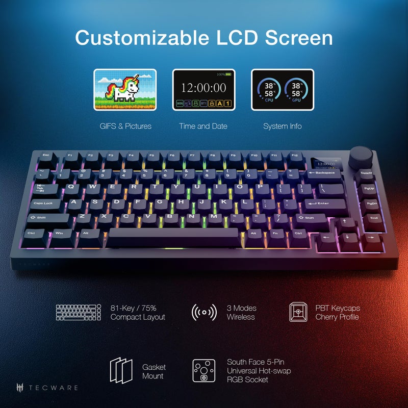 TECWARE Spectre 75 Mechanical Gaming Keyboard | Customizable LCD Screen Display & Knob | Tri-Mode Wireless Bluetooth 2.4GHz | Gasket Mount Hot Swappable | Black Candy Red Linear Switches - Image 4