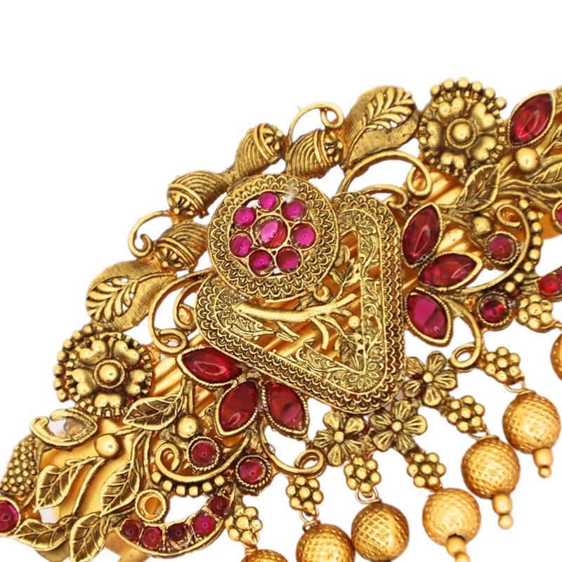 JWELLA Traditional Gold-Plated Hair Barrette Clip With Floral Design And Beads Danglers (Design-5) - Image 4