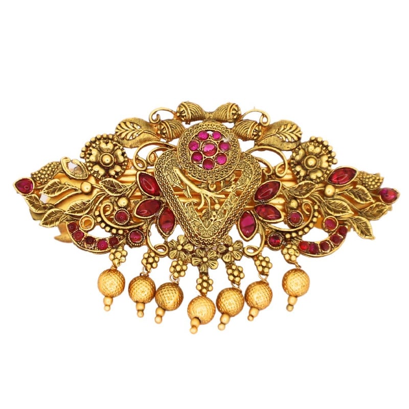 JWELLA Traditional Gold-Plated Hair Barrette Clip With Floral Design And Beads Danglers (Design-5) - Image 1