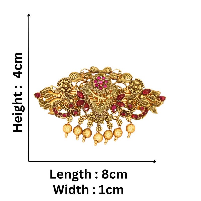 JWELLA Traditional Gold-Plated Hair Barrette Clip With Floral Design And Beads Danglers (Design-5) - Image 5